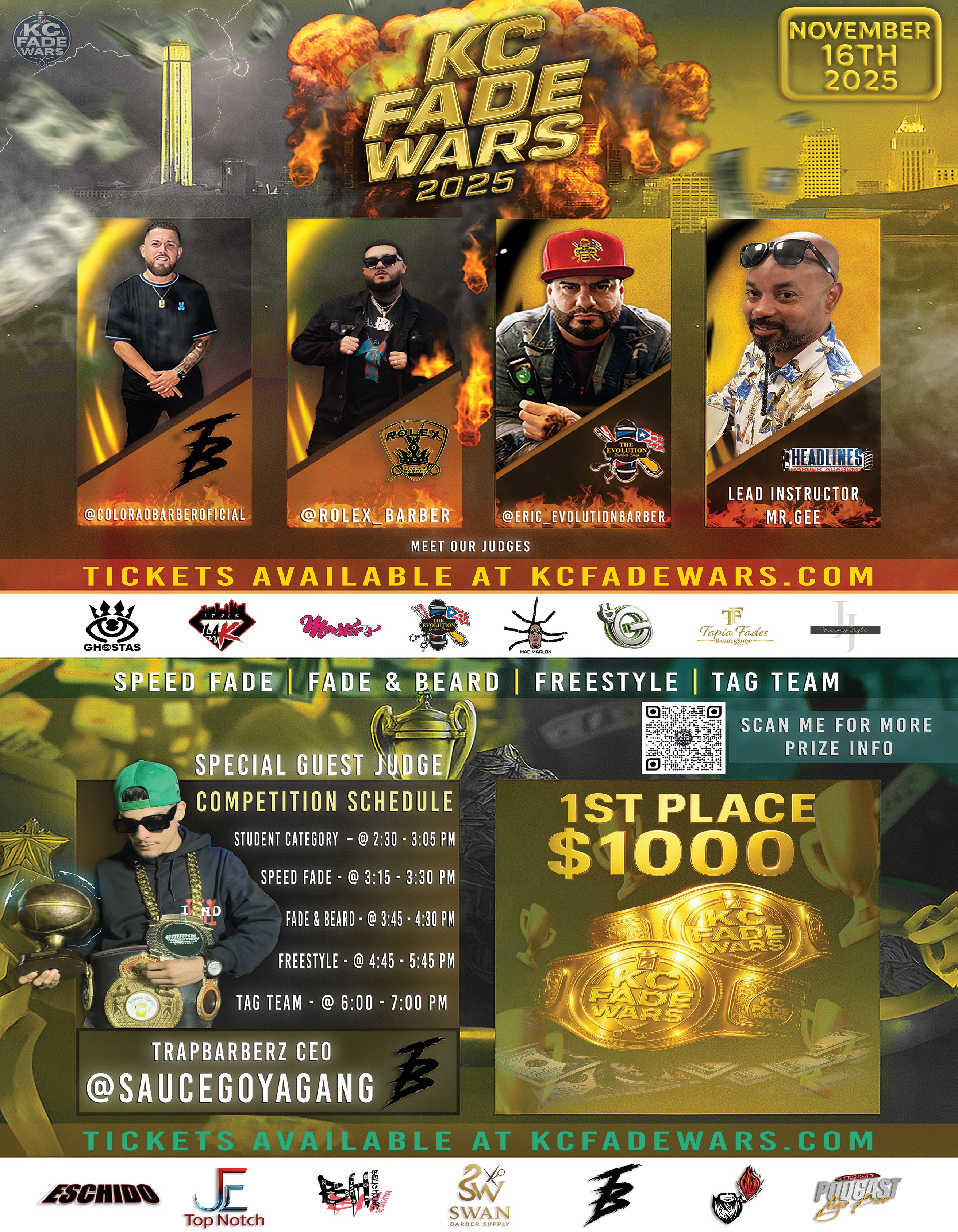Official flyer for KC Fade Wars 2025 barber battle in Kansas City on November 16, 2025, featuring judges Colorado Barber, Rolex Barber, Eric Evolution Barber, and Mr. Gee, with competitions including Speed Fade, Fade and Beard, Freestyle, and Tag Team. Grand prize $1,000 and championship belts.